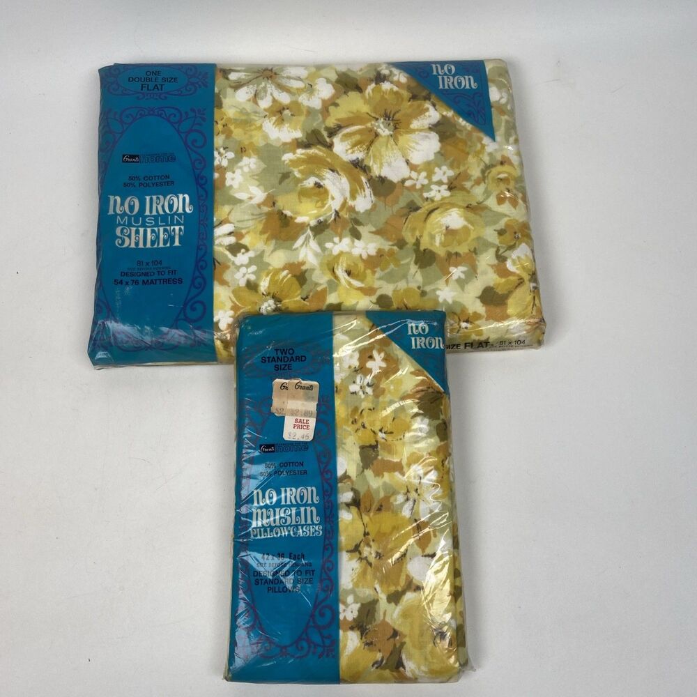 GRANTS Home Full Flat Sheet Std Pillowcases Yellow Flowers Muslin Fabric No Iron